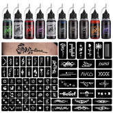 STIGMA Temporary Tattoo Kit. 10 color inks and 84 stencils with diverse designs for temporary tattoos.